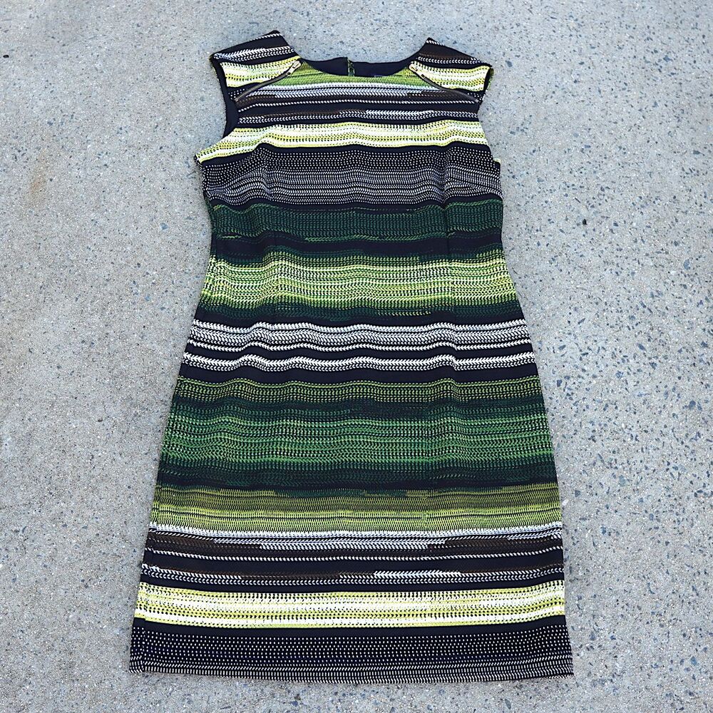 Karin Stevens 14 Knit Sheath Dress Green Black Stripe Zipper Accent Work Office